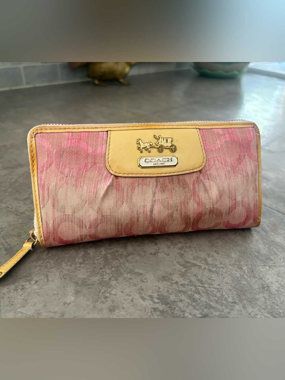 Coach Y2K “Op Art” print wallet, seen in pink and yellow ombré